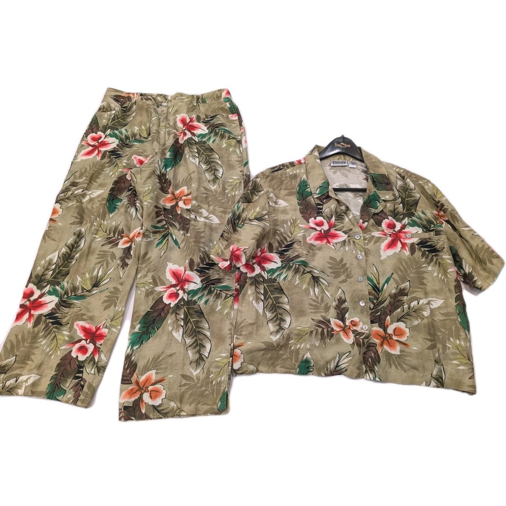 Chico's Design Shirt Pant Set Women 3 (XL) Tropical Hawaiian Linen Blnd Floral